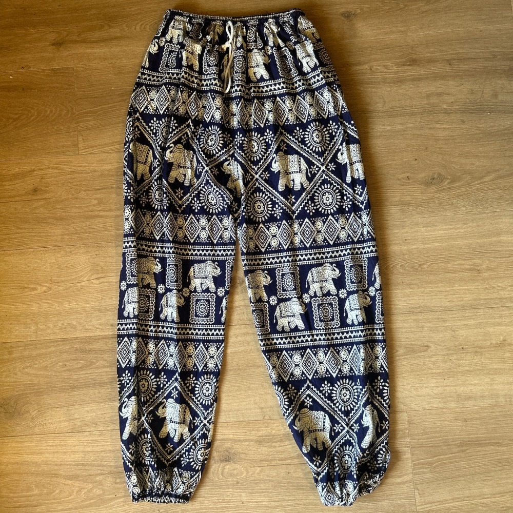 Elephant Print Harem Pants Navy Blue White Boho Yoga Rayon Joggers‎